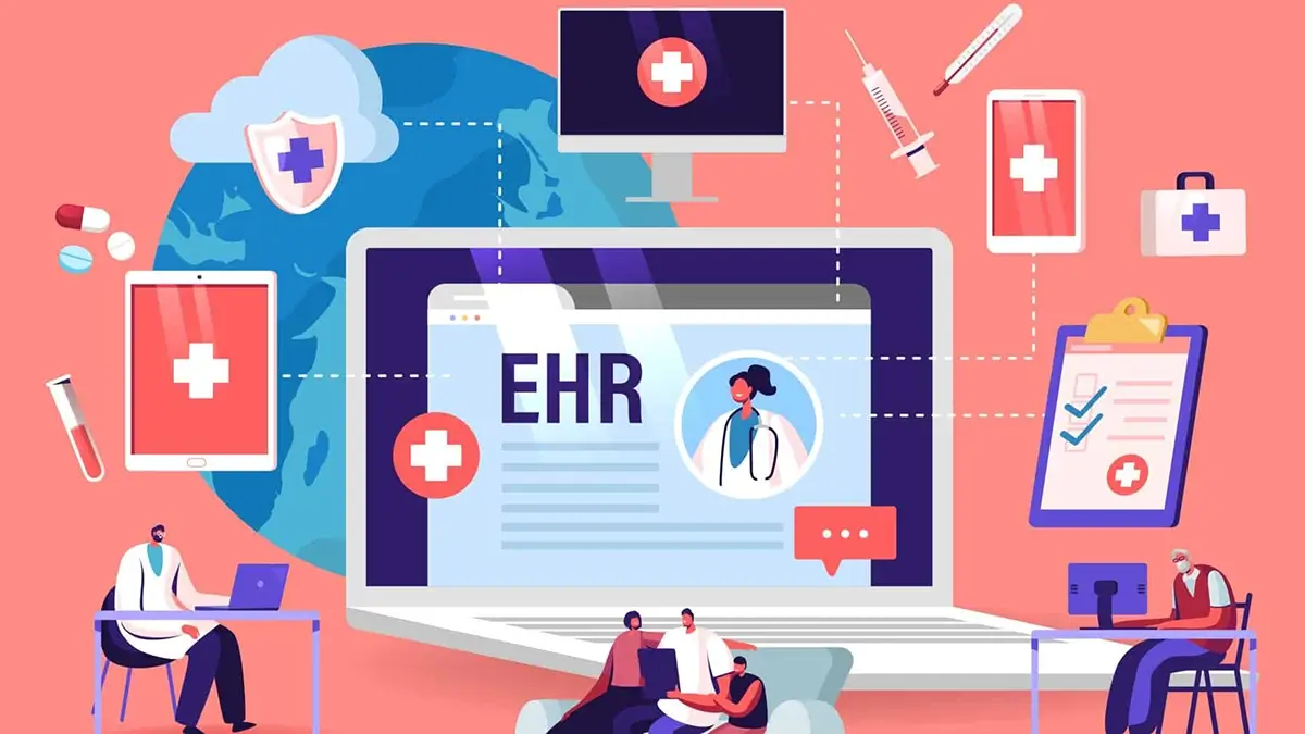 illustration of ehr software with doctors sitting at a table